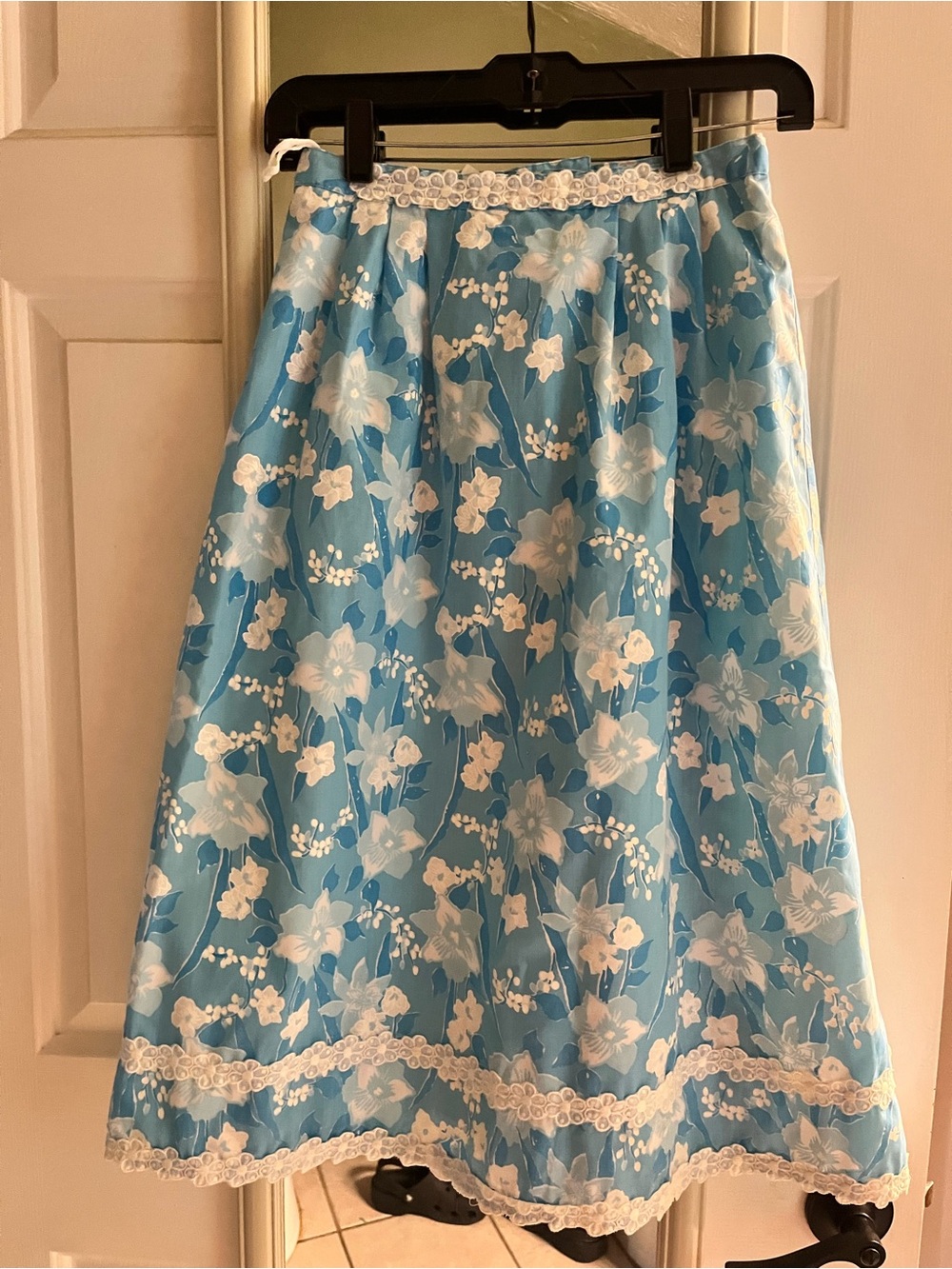 Big “TheLilly” Lilly Pulitzer Blue Floral Midi Skirt with White Lace